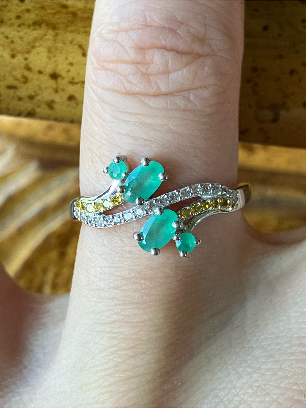 Genuine Zambian Emerald Yellow Diamond Sterling Silver Ring Size 7